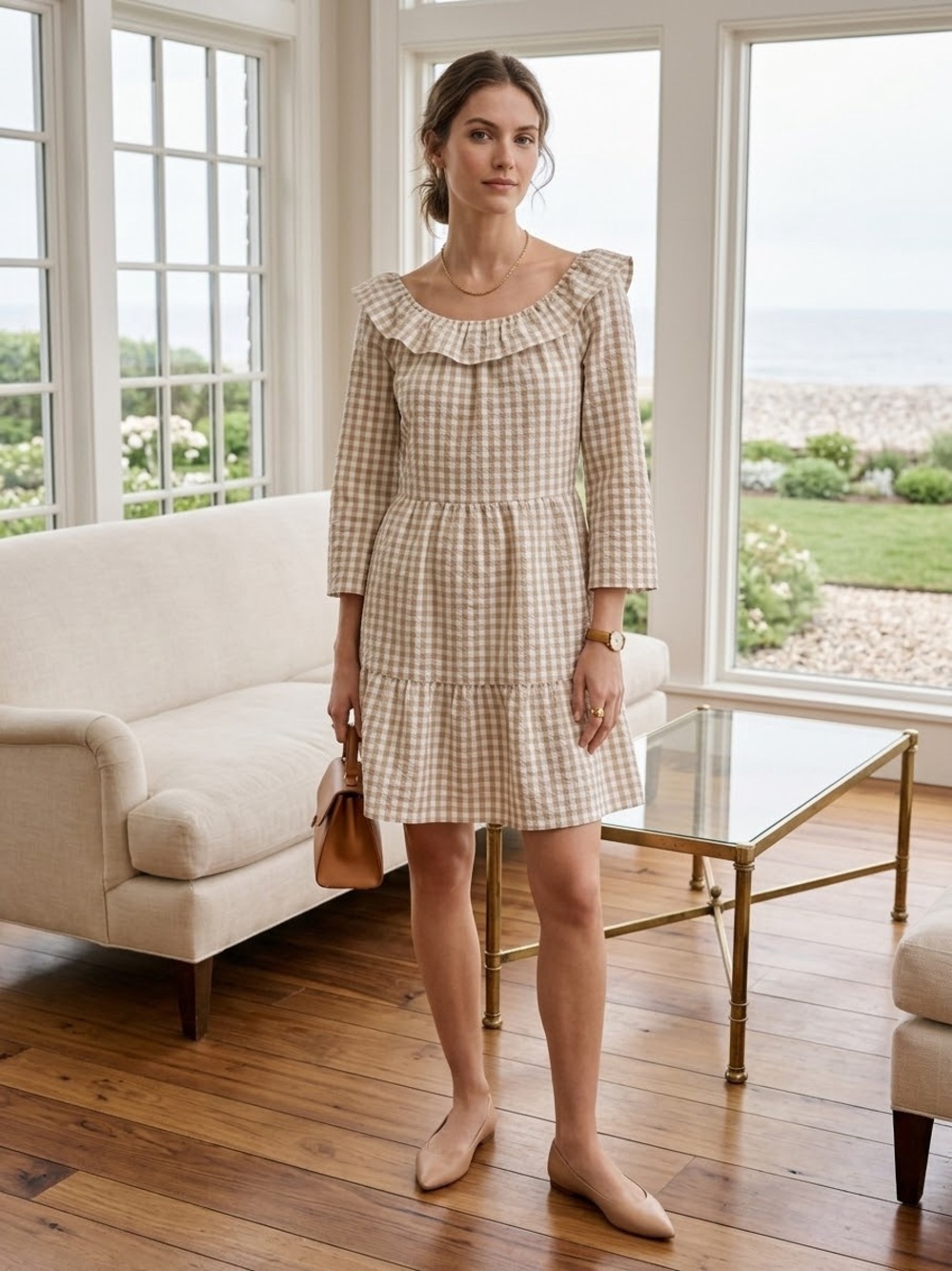 J.Crew Tan White Gingham Seersucker Off Shoulder Mini Dress 2 Preppy Prairie